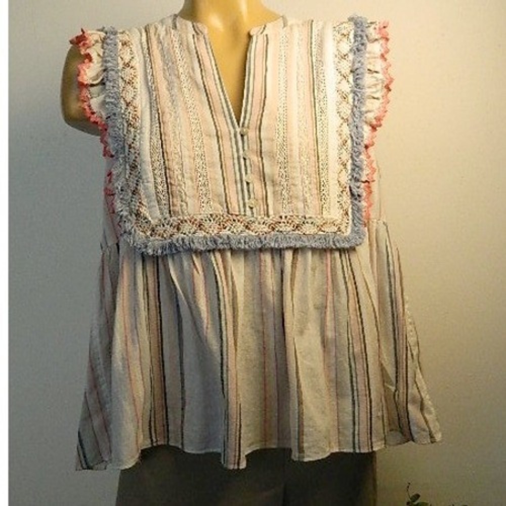 Ella Moss Peasant Blouse Womens Large Pastel Stripe Boho Fringe Ruffle Cotton